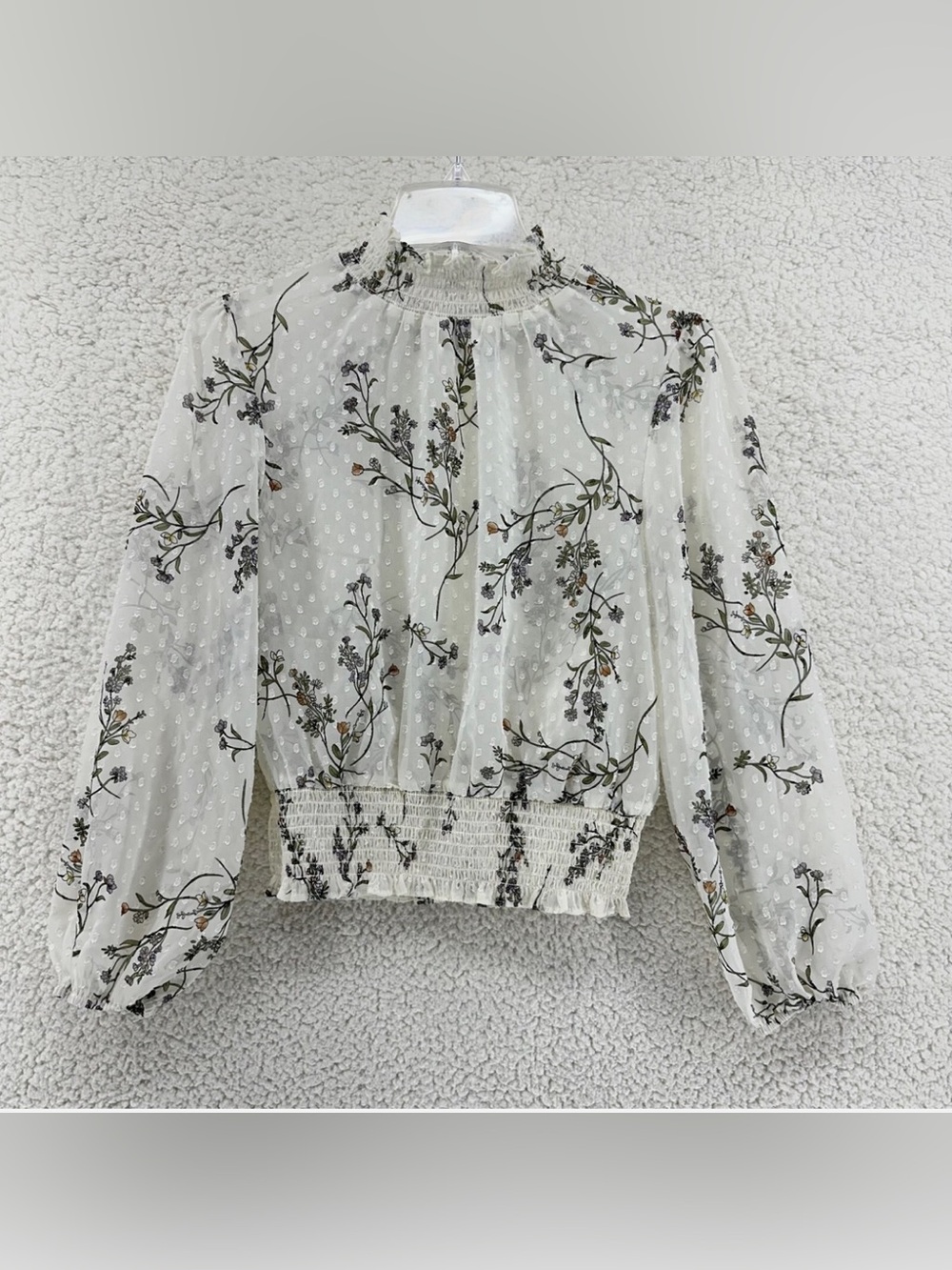Meraki Sheer Floral Smocked-Waist Blouse - White Floral
